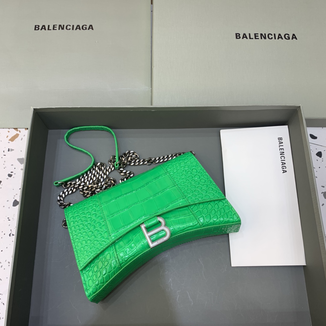 Balenciaga Big Hourglass Wallet With Chain Crocodile Embossed Shoulder Bag Green